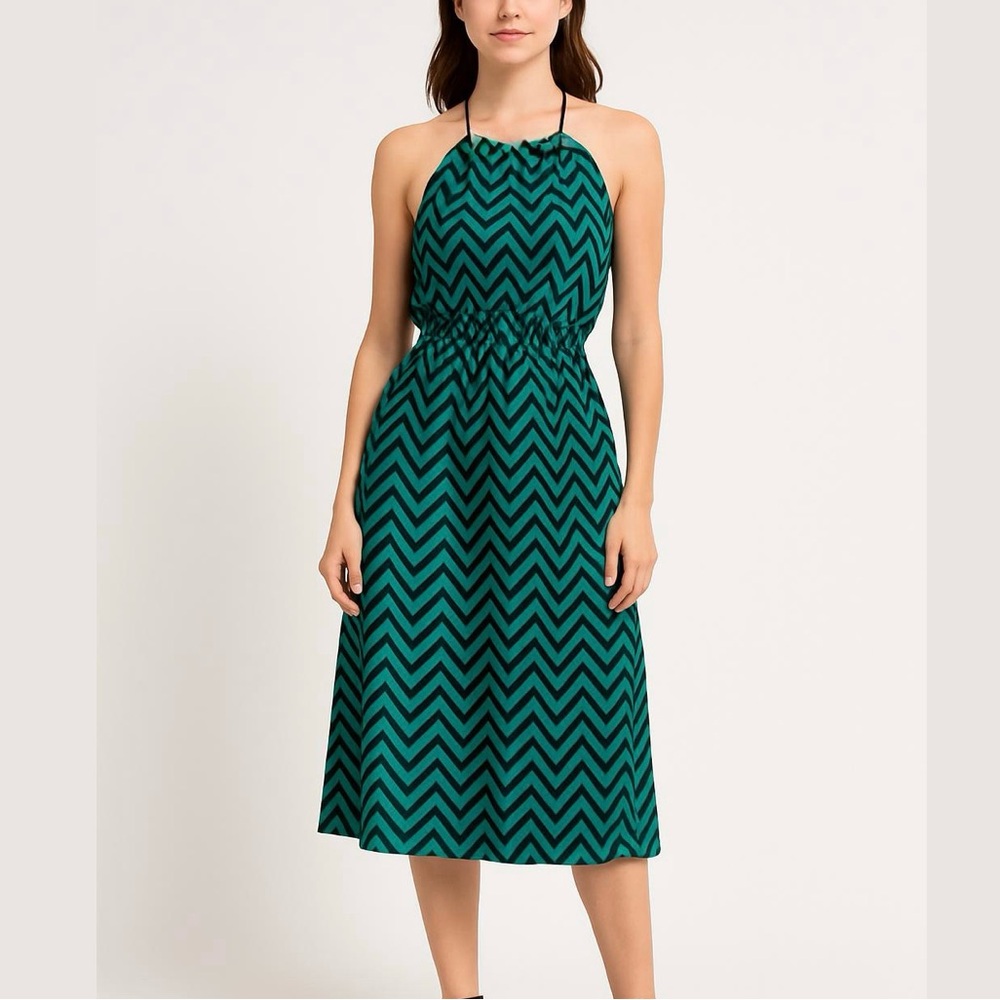 3/$10 Enfocus Studio Teal and Black Zigzag Midi Dress